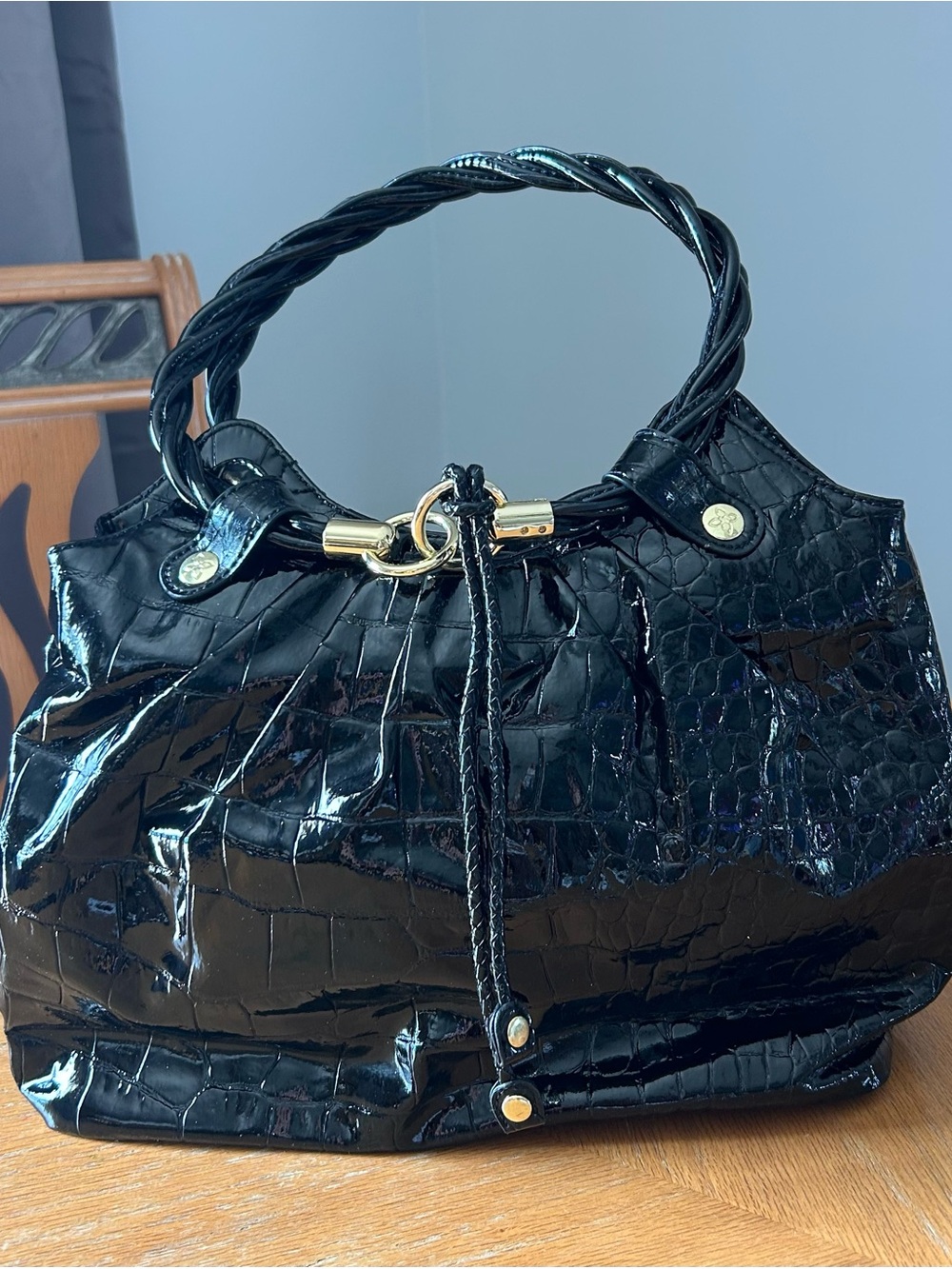 VTG RELIC Black Faux Patent Leather Boho Hand Bag Purse Y2K Crocodile Embossed